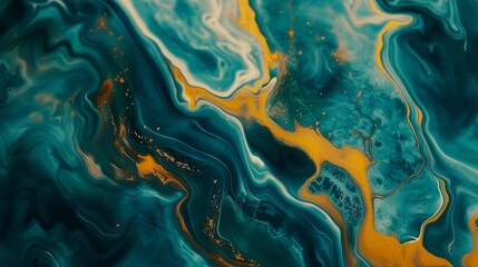  An elegant, fluid abstract pattern in shades of teal and golden yellow, suggesting a balance of nature and opulence.