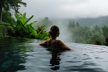 Wall Mural - Tropical Serenity: Young Woman Enjoying Resort Pool Amidst Mountain Forests