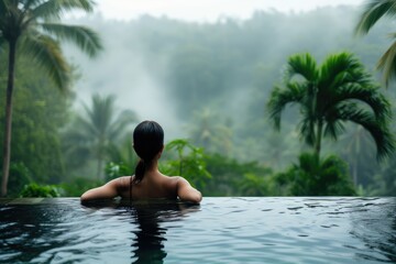 Wall Mural - Mountain Oasis: Woman Relaxing in Resort Pool Surrounded by Tropical Scenery