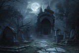 Fototapeta  - Gothic Cemetery at Night A Spine-Chilling Experience Generative AI