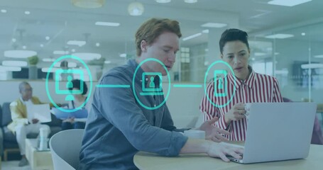 Poster - Animation of icons and data processing over diverse business people in office