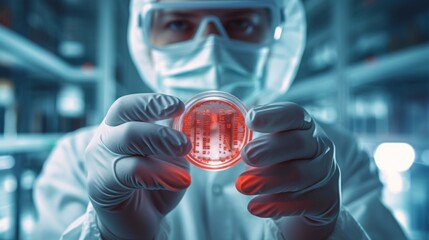 Poster - A young attractive female scientist in protective glasses, gloves holding a new strain of the virus in a vial in a research laboratory. Medicine, Science, Healthcare concepts.