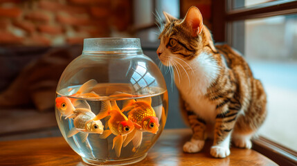 Wall Mural - A beautiful fluffy cat is hunting for a goldfish in an aquarium on the table.