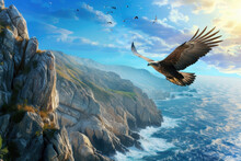 A Majestic Sea Eagle Soaring High Above The Rugged Coastline