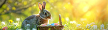 Easter Rabbit And Basket Full Of Colorful Easter Eggs And Spring Flowers On A Meadow With Sun Shining. Horizontal, Banner.