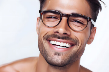 Close up portrait of handsome smiling man wearing eyeglass. Elegant man in glasses. Optics style for men