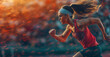 Dedication in Motion: Female Athlete Running at Dusk.  An athletic woman in motion, showcasing determination and energy as she sprints with a powerful stride, emphasizing speed and endurance.