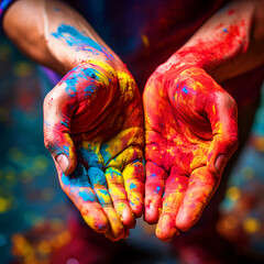 Wall Mural - Hands holding colorful Holi gulal - ai generative