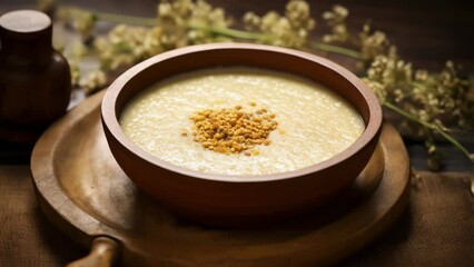 Poster - A bowl of soup placed on top of a wooden plate. Perfect for food and restaurant-related designs.