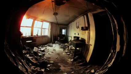 Poster - A room filled with clutter and debris, creating a messy environment. Suitable for illustrating disorganization or the aftermath of a disaster.