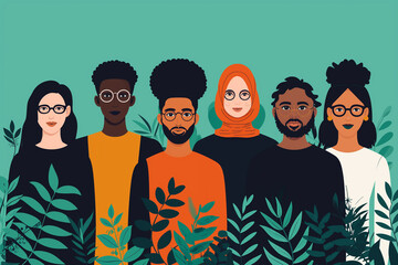 Wall Mural - Multi-cultural and multi ethnical people standing together isolated in copy space surrounded by leaves and plants, young people standing other, Global people diversity concept drawing, People matters