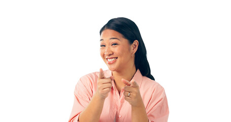 Happy, portrait and asian woman with hands pointing, decision, job and selection or choice for recruitment. Japanese person, face or opportunity for hiring or isolated on a transparent png background