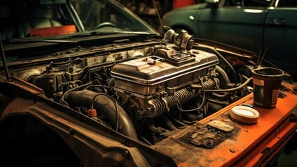 Poster - A picture of a car engine in a garage. Perfect for automotive repair and maintenance-related projects.