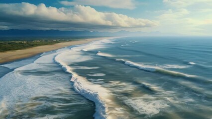 Poster - A stunning aerial view capturing the beauty of a beach and ocean. Perfect for travel brochures, website banners, or vacation promotions.