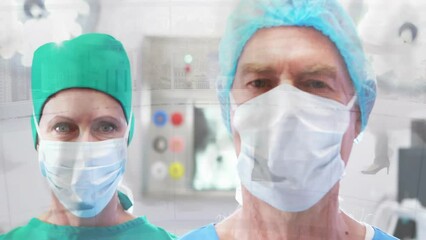 Wall Mural - Animation of data processing over diverse surgeons in face masks in hospital