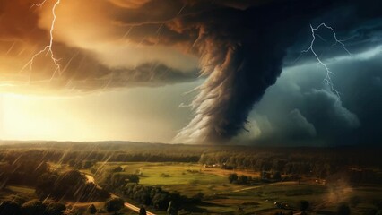 Poster - A powerful tornado cloud dominates the sky, showcasing the raw force of nature. Ideal for illustrating extreme weather conditions or emphasizing the concept of unpredictability in various contexts.