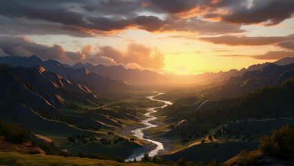 Poster - A stunning sunset over a picturesque valley with a serene river running through it. Perfect for nature and landscape themes.