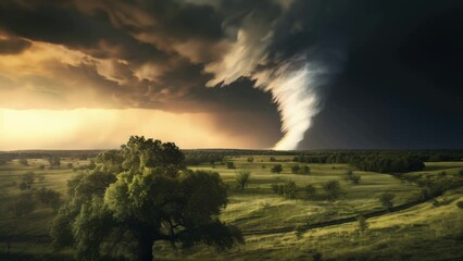 Poster - A powerful tornado cloud hovering over a vast field. Perfect for illustrating the destructive power of nature and the forces of weather.