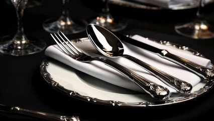 Aufkleber - A simple and elegant plate with silverware and cutlery. Perfect for showcasing a sophisticated dining experience or adding a touch of class to food-related content.