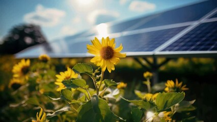 Aufkleber - A picturesque field of vibrant sunflowers with a solar panel in the background. Ideal for renewable energy concepts and eco-friendly designs.