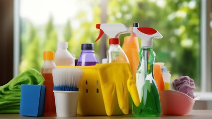 Poster - Cleaning supplies arranged neatly on a table. Versatile image suitable for various cleaning-related themes.