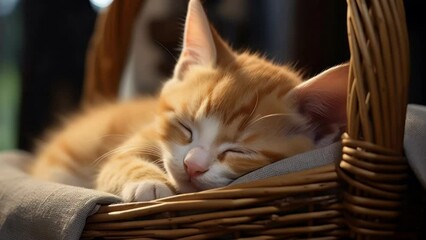 Aufkleber - A peaceful image of a cat sleeping comfortably in a wicker basket. Perfect for pet-related designs or home decor themes.