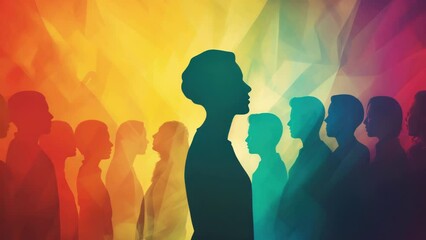 Aufkleber - A group of people standing together in front of a vibrant and colorful background. This image can be used for various purposes.