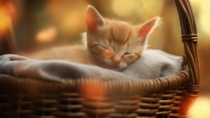 Aufkleber - A cute kitten peacefully sleeping in a cozy basket, covered with a soft blanket. Perfect for animal lovers and pet-related projects.