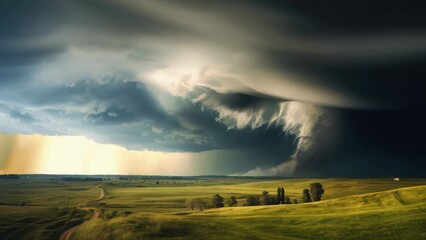 Poster - A large storm cloud rolls over a green field. Perfect for illustrating weather conditions or the power of nature.