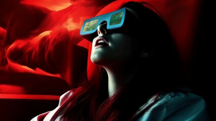 Poster - A woman wearing a pair of virtual glasses. Can be used to depict technology, virtual reality, or augmented reality.