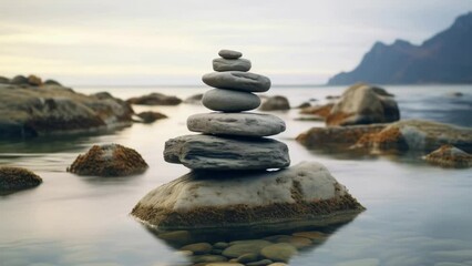 Poster - A stack of rocks balancing on top of a body of water. Perfect for nature and zen-themed designs.