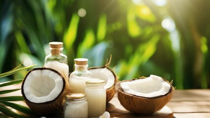 Wall Mural - A collection of coconut oil, fresh coconuts, and various other ingredients arranged on a rustic wooden table. Perfect for food, health, and natural skincare concepts.