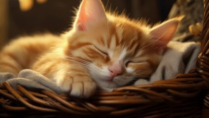 Aufkleber - An orange and white cat peacefully sleeping in a cozy basket. Perfect for showcasing the comfort and relaxation of pets.