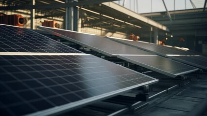 Poster - Solar panels being transported on a conveyor belt. Suitable for illustrating the manufacturing or assembly process of solar panels.