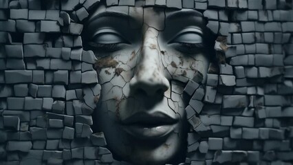 Wall Mural - A close-up view of a face made out of broken tiles. This unique and artistic image can be used to add a touch of creativity and texture to various projects.