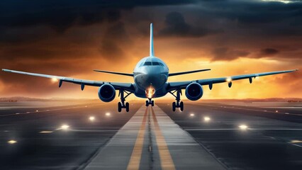 Poster - A large jetliner is seen taking off from an airport runway. This image can be used to depict air travel, aviation, and transportation.