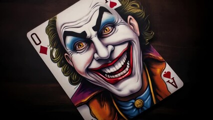 Poster - A drawing of a joker playing card on a table. Ideal for use in card games and gambling-related designs.