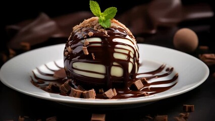 Poster - A delicious chocolate covered dessert sits on a white plate. Perfect for dessert lovers and food enthusiasts.