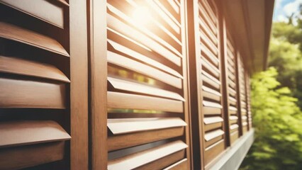 Poster - A detailed view of a window with wooden shutters. Ideal for adding a rustic touch to interior design projects or showcasing architectural elements.