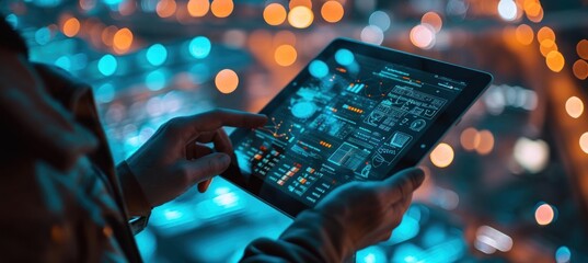 Poster - Close-up of a person's hands using a digital tablet with interactive city map against a backdrop of vibrant city lights at night.