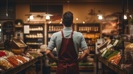 Portrait of male shopkeeper standing in a grocery store pose crossed his arms