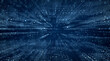 A blue abstract background with glowing white dots and lines, resembling a digital code or network