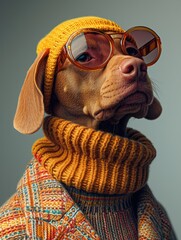 Poster - Vizsla dog portrait with glasses and high necked sweater