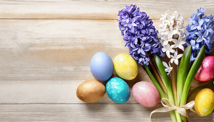  Composition with beautiful hyacinth and painted Easter eggs on light wooden background with copy space