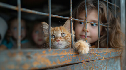 A young girl and her friends playing inside a metal cage with an orange tabby kitten