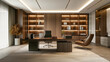 © Imaging L - Elegant and minimalist office interior. Luxurious executive office with walnut wood paneling.