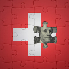 Wall Mural - puzzle with the national flag of switzerland and usa dollar banknote. finance concept