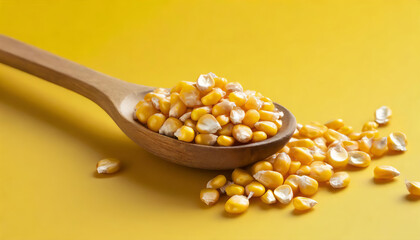 Wall Mural - Wooden spoon of corn kernels on yellow background with copy space