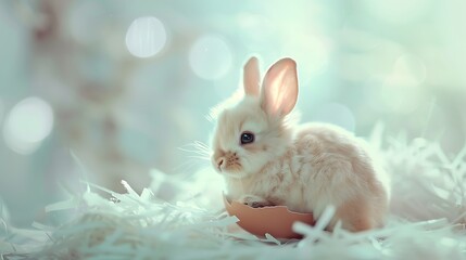 Poster - Cute baby rabbit as easter bunny sitting in easter egg as easter background wallpaper design (Generative AI)