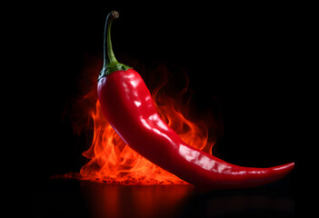 Poster - Chili pepper with fire and smoke on black background 